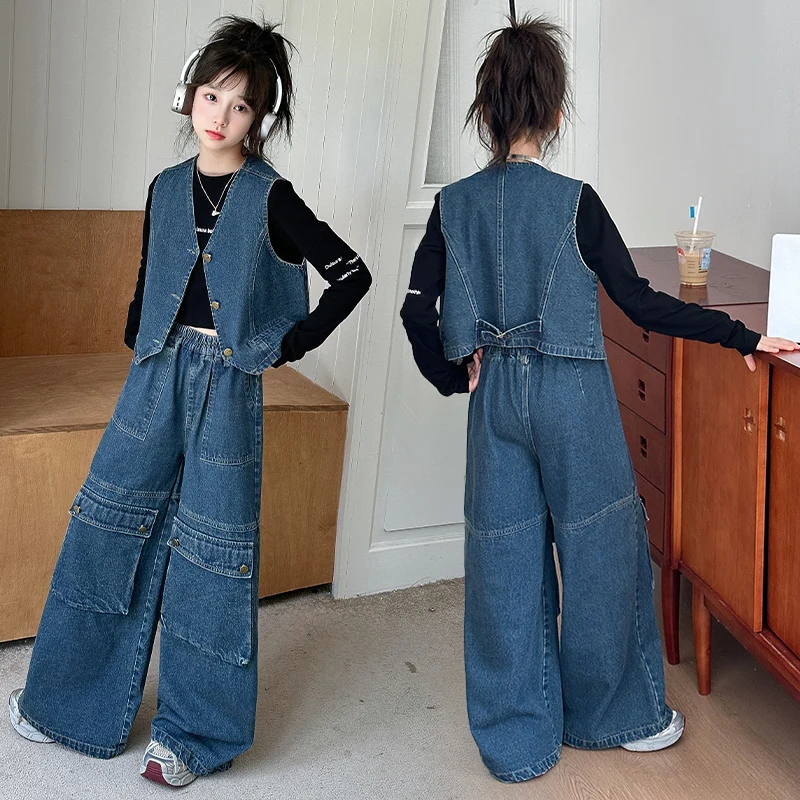 

autumn ensemble jeans fille Cowboy vest+t-shirt+Cargo jeans 3pcs junior kids Denim clothes suit teen girls pants set outfits 14