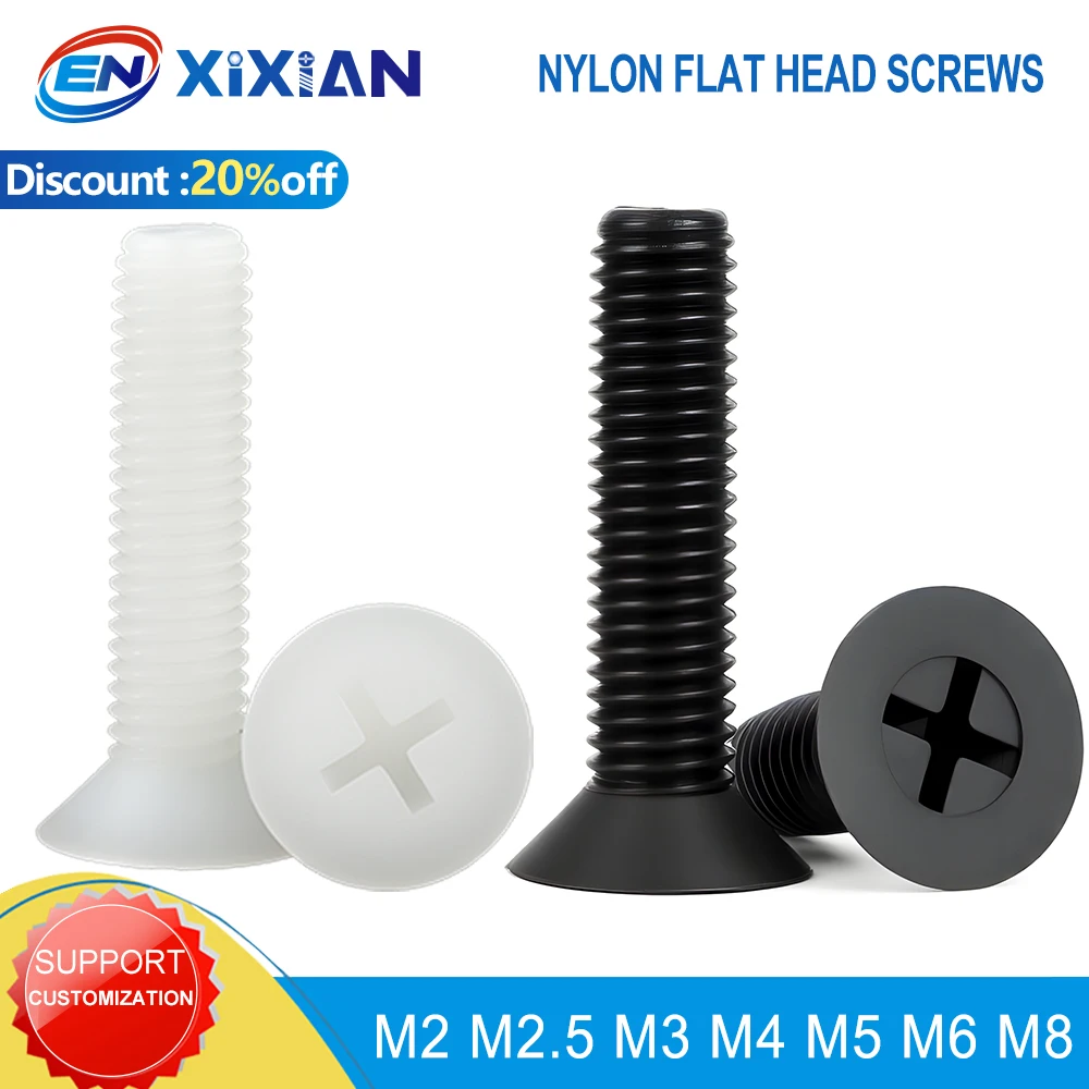 M2 M2.5 M3 M4 M5 M6 M8 Plastic Black White Phillips Cross Nylon Flat Head Machine Threaded Insulate Screw Countersunk Bolt