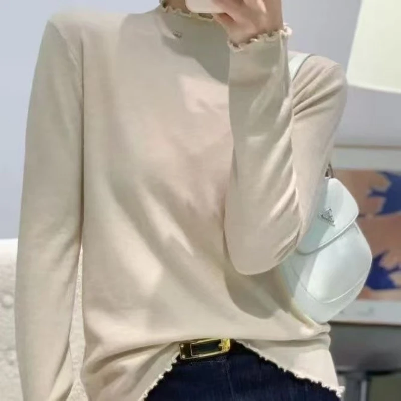 

Облегающий трикотаж с высоким воротником, женская базовая рубашка с длинными рукавами, стильный универсальный топ с длинными рукавами New Sense, универсальный