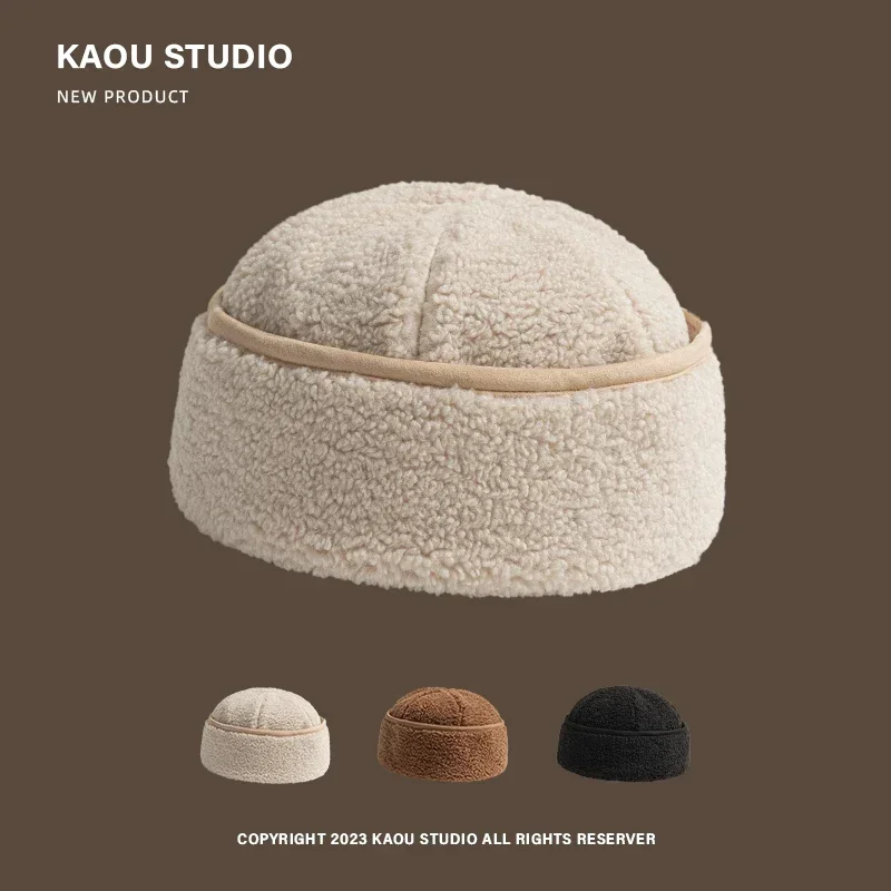 Autumn and Winter Retro Lamb Wool Curled Beanies Cap for Women Street Trend Versatile American Casual Yuppie Warm Men's Hats