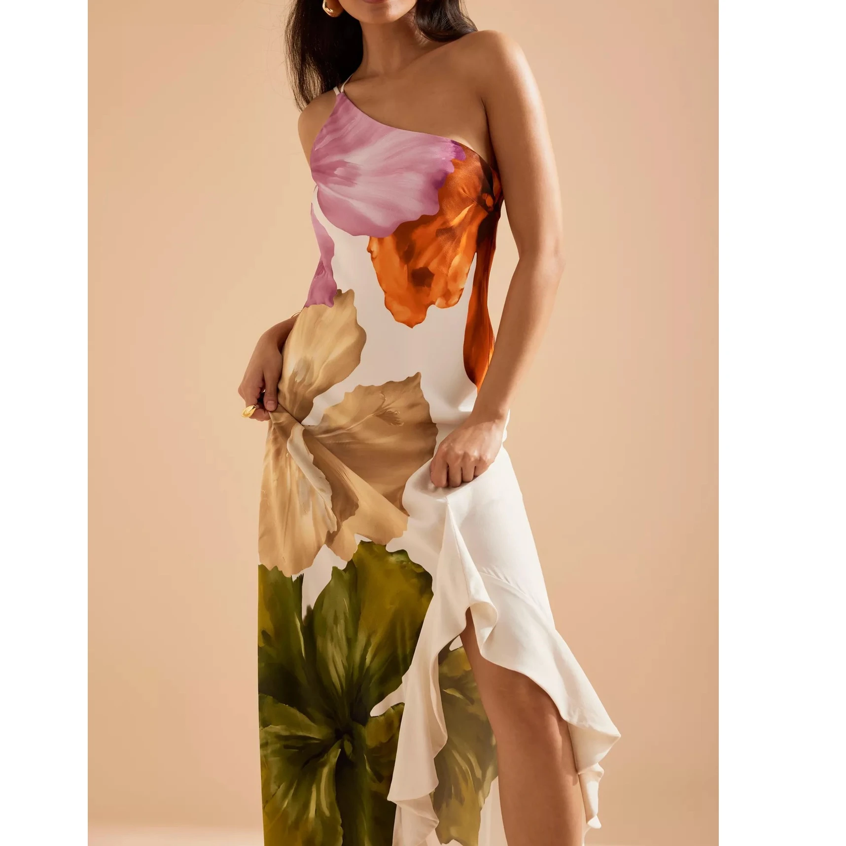 Nuova collezione Abito estivo da donna slim fit lungo a canotta senza maniche con stampa floreale Abiti da spiaggia aperti sul retro con una spalla