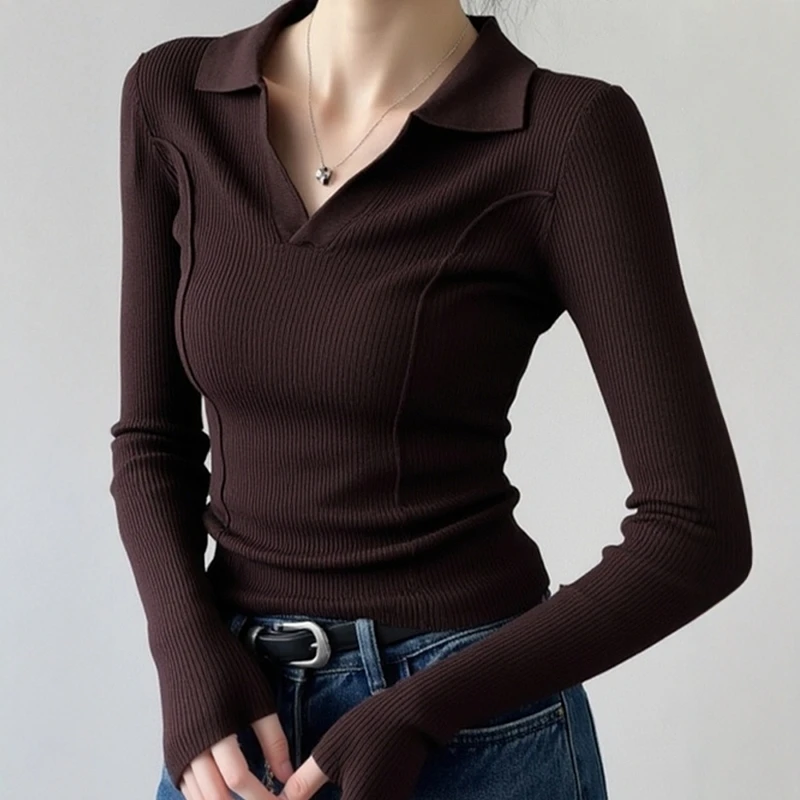 

Корейский стиль, базовый слой с лацканами, топ, осень-зима, повседневный однотонный свитер с длинными рукавами, мягкие, приятные для кожи, облегающие женские пуловеры