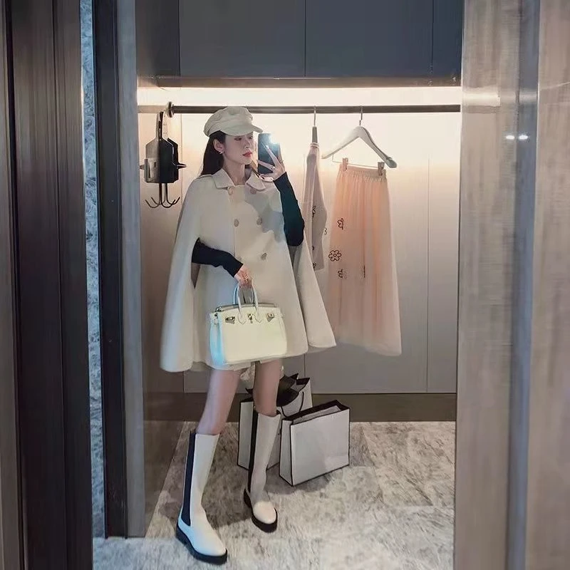 Trendy 2025 Women Woolen Trench Coat British Style Cape Shawl Loose Fit Elegant Casual Chic Korean Look for Fall Winter