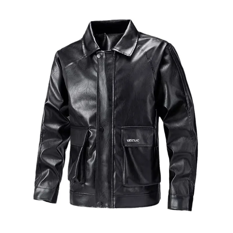 

New Men's PU Leather Jacket Fashionable Lapels Cuffs Buttons Placket Zipper Design Coats Motorcycle Outdoor Casual Men Clothing