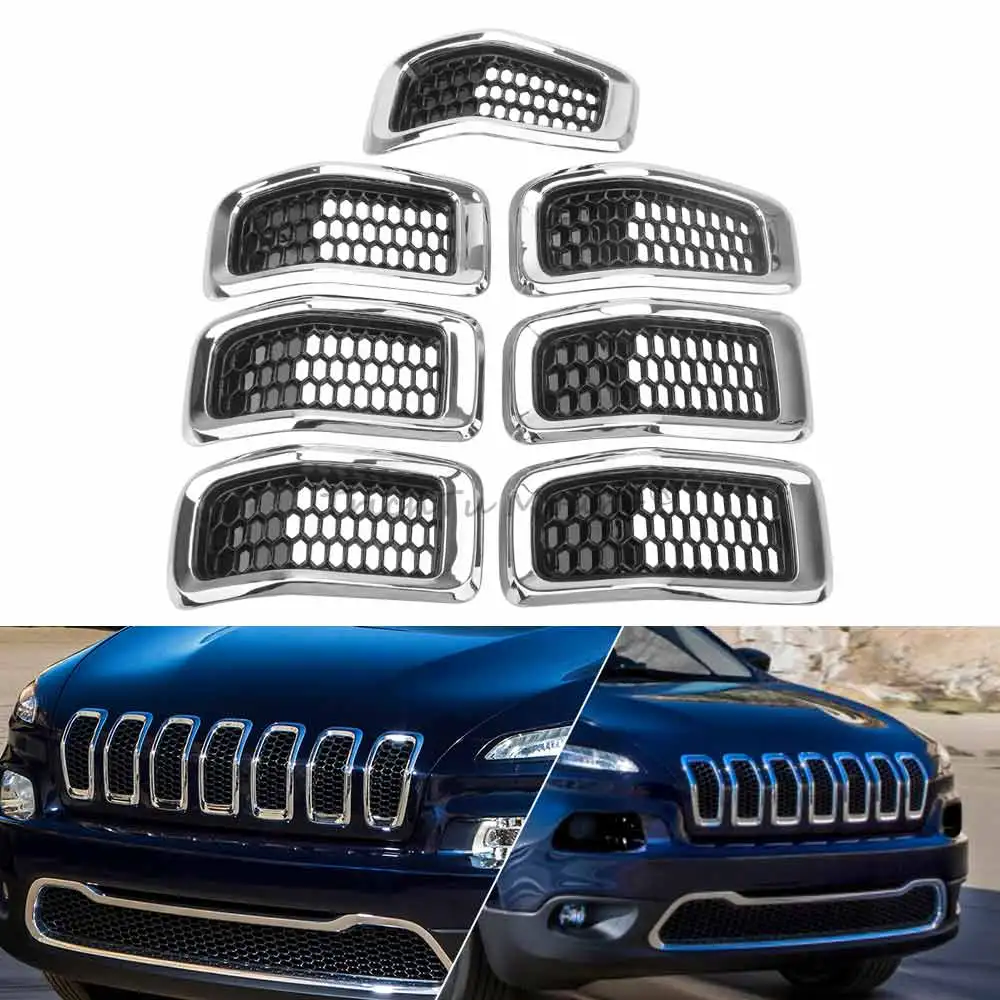 

7Pcs Glossy Black Front Honeycomb-Mesh Grill Grille Insert Trim Ring Cover For Jeep Cherokee 2014 2015 2016 2017 2018