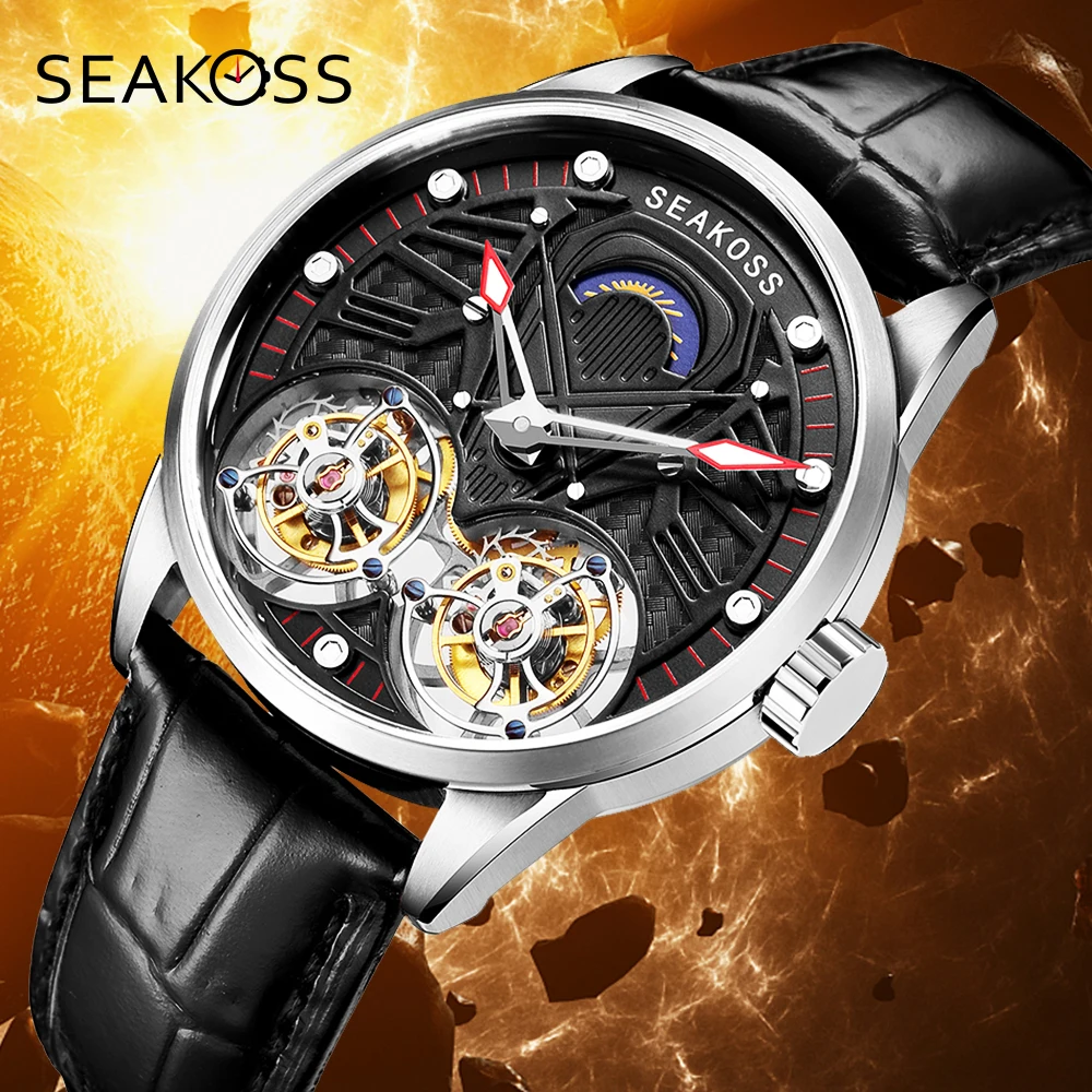 

SEAKOSS Super Men's Real Dual Tourbillon Watches 2023 Limited Edition Luminous Hands Manual Winding Pilots Men Mechanical Clocks