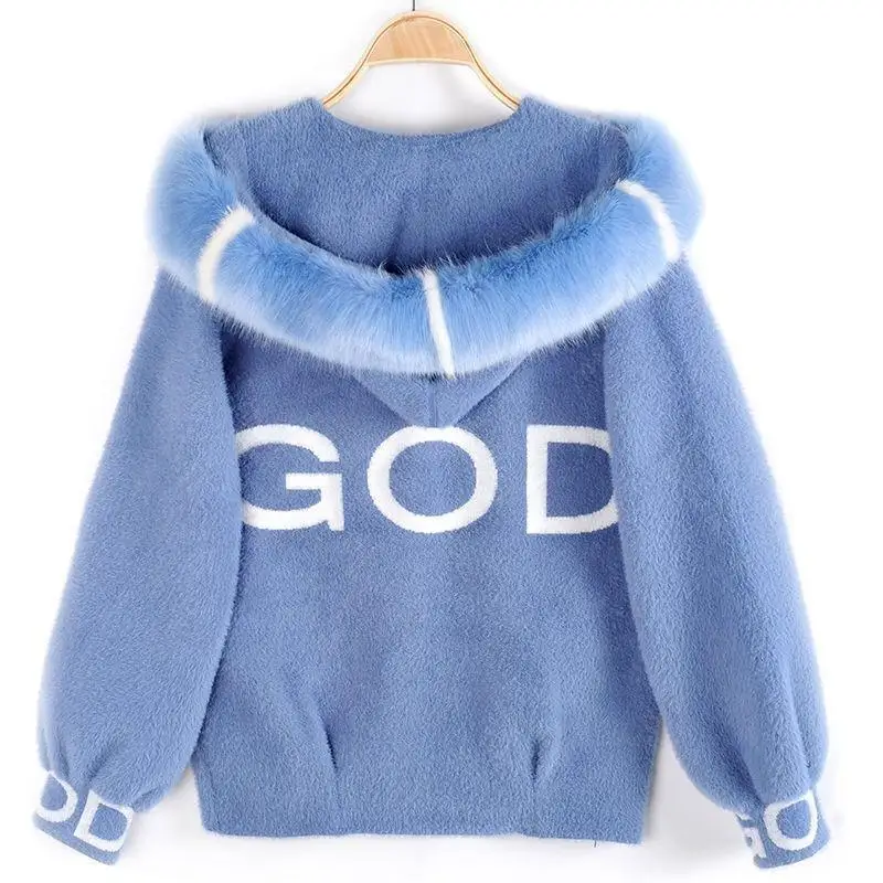 Winter gold letter imitation mink fur sweater cardigan jacket winter clothes women short thick and loose hooded jacket coat