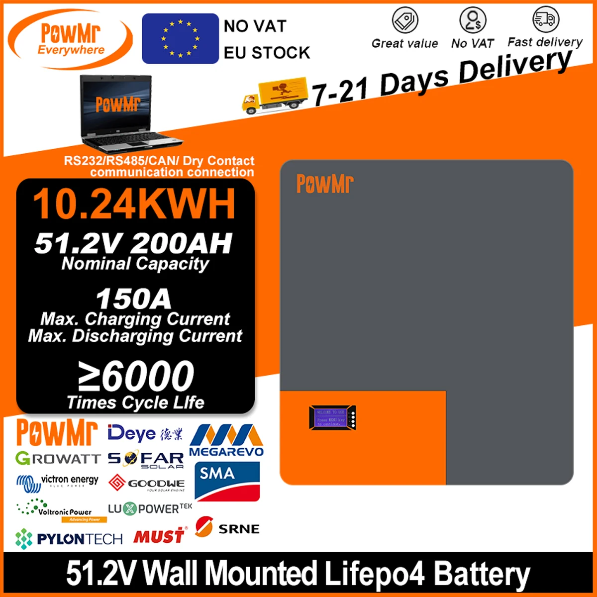 PowMr 51.2V 200AH/10,24KWH LiFePO4 Lithium-Eisenphosphat Powerwall Akku parallel 16 Stück + Zyklus mit RS232 RS485 BMS
