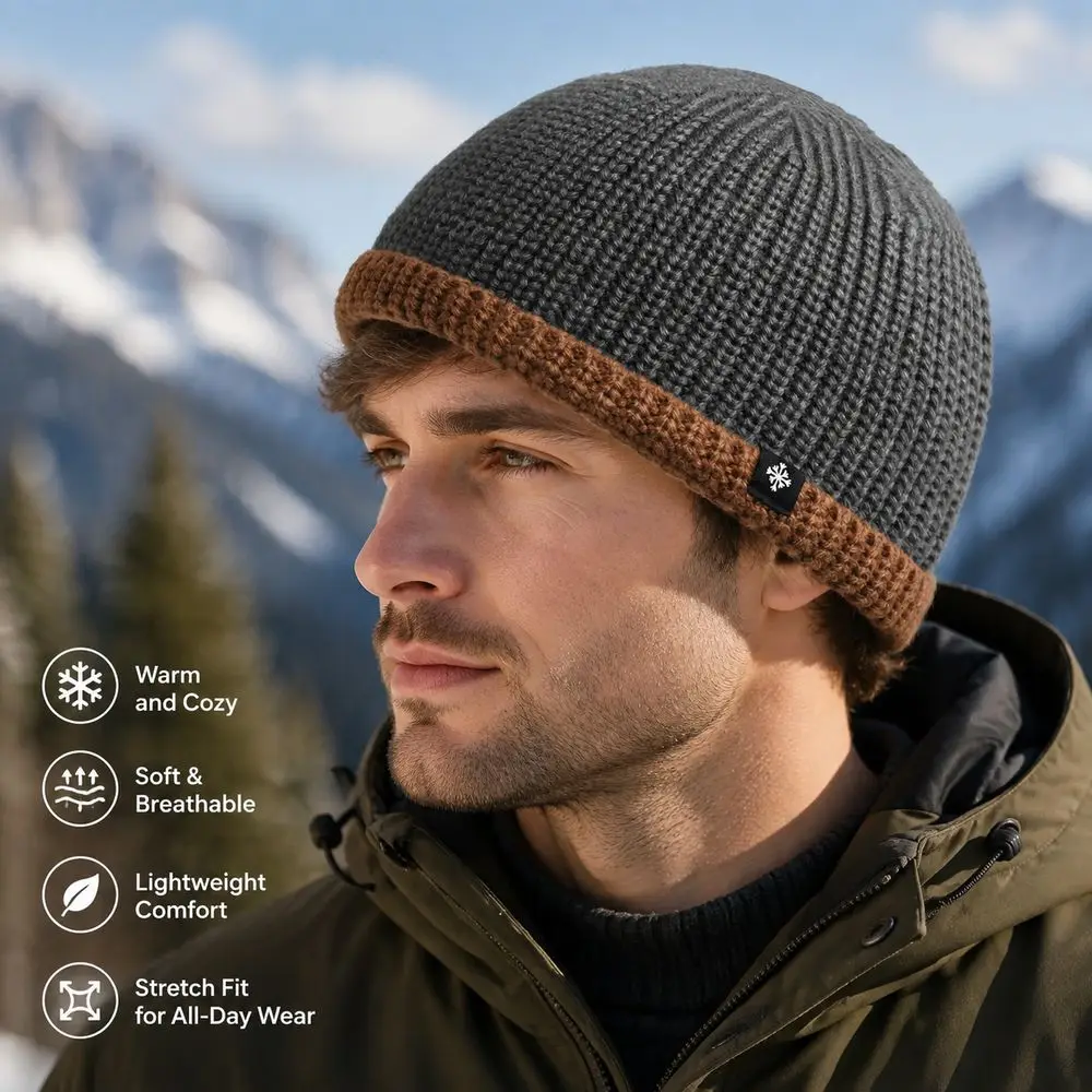 Durable Thickened Knitted Beanie Wind Resistant Stretchy Fit Men's Beanie Contrast Cuff Winter Skull Cap Winter Wear
