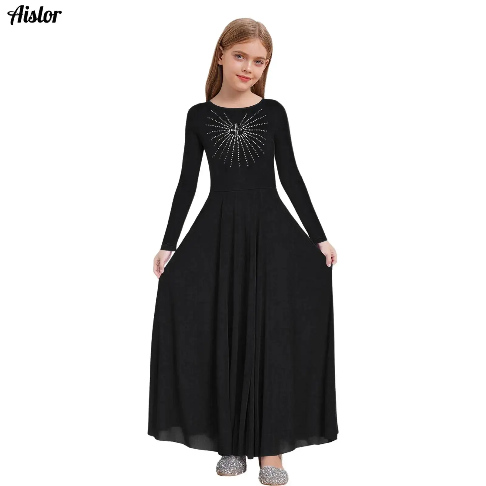 

Kids Girls Liturgical Worship Dance Dress Shiny Rhinestones A-line Maxi Dress Robe for Lyrical Praise Church Choir Performance