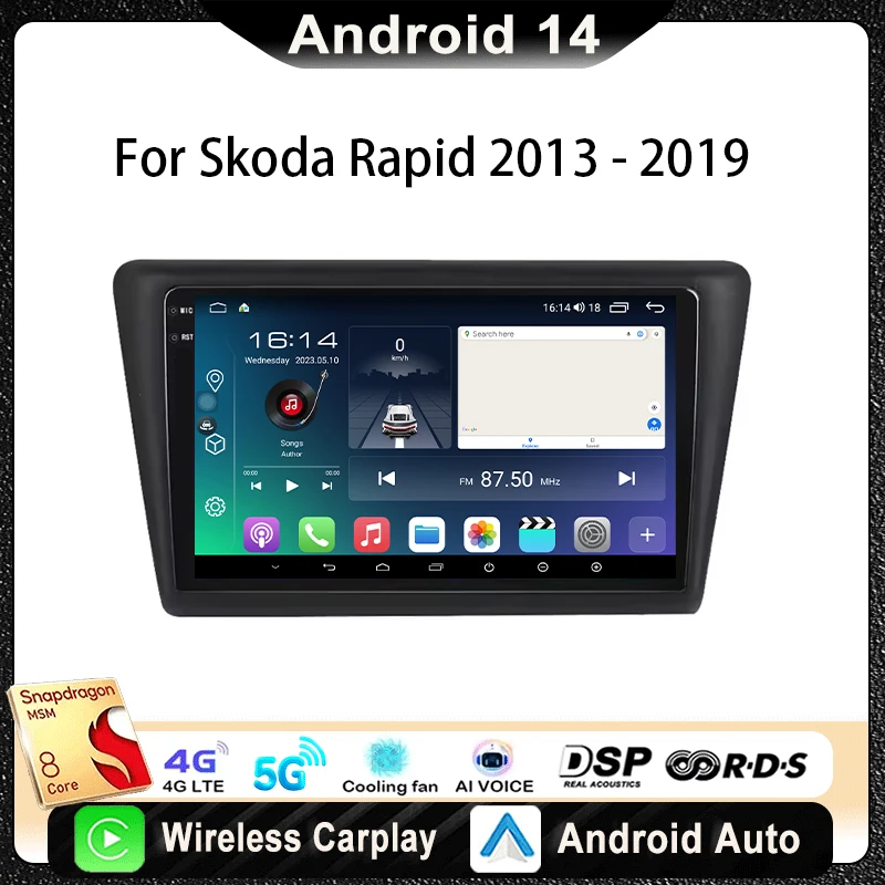 

For Skoda Rapid 2013 - 2019 Car Radio Multimedia Video Player Navigation GPS Android14 wireless Carplay DSP WIFI Screen Auto