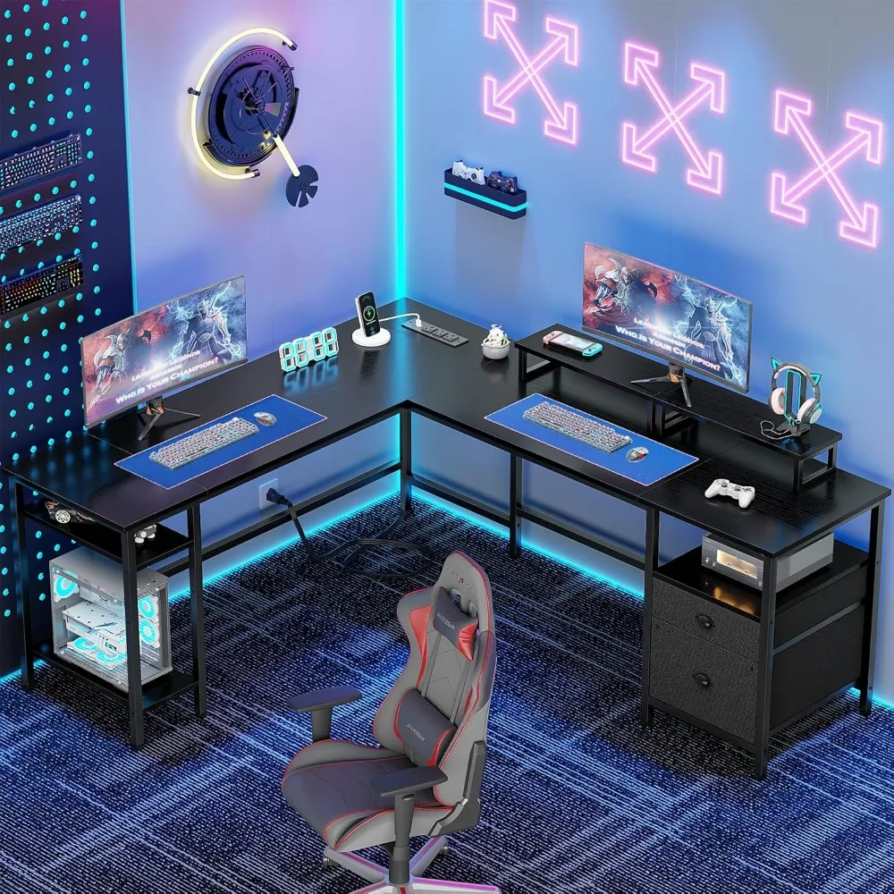 L-Shaped Gaming Desk with Power Outlet, Reversible Design, File Drawer, and Dual Monitor Stands for Home Office