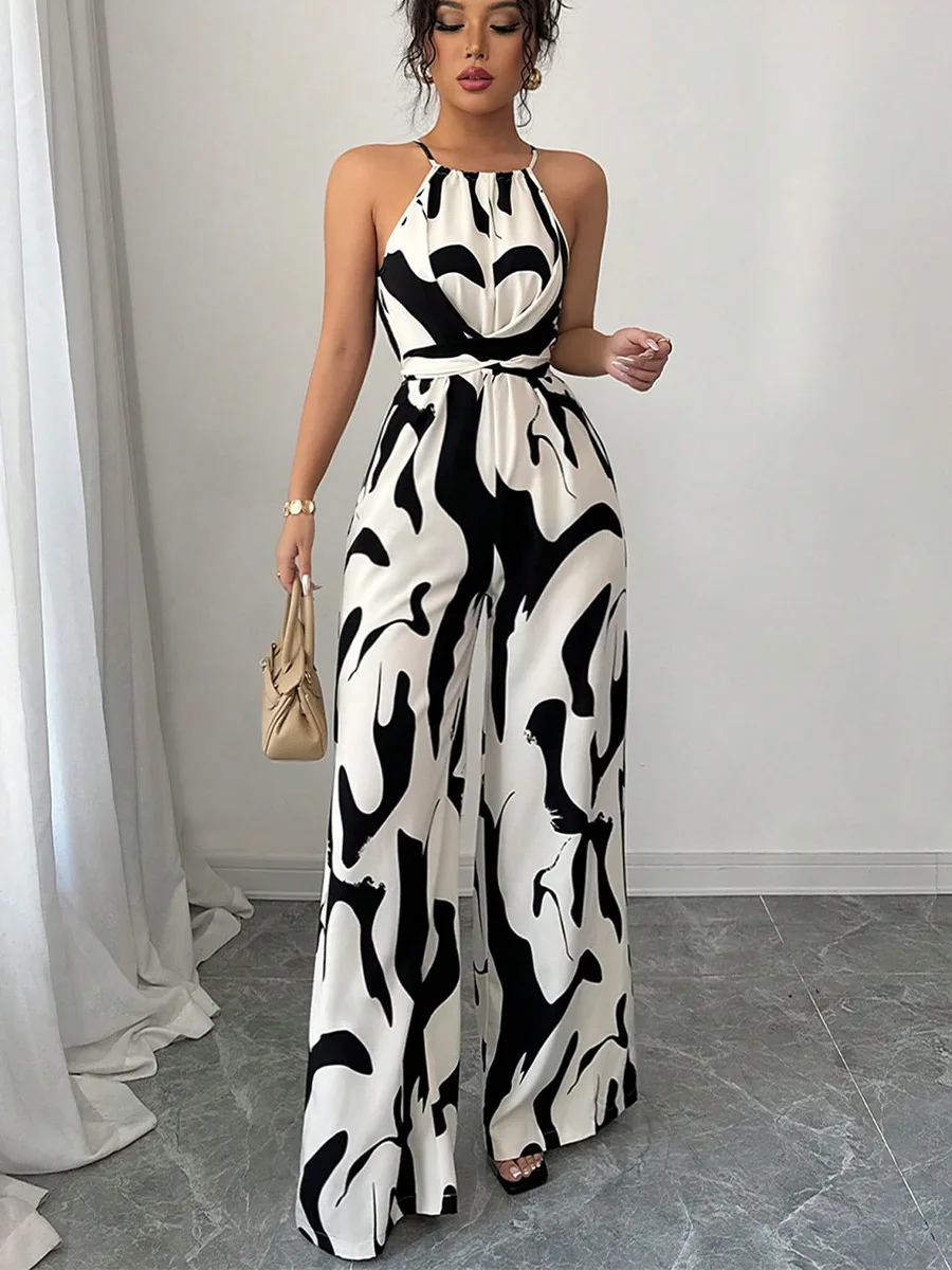 

Summer 2026 Color Block Jumpsuit Women Print Halter Lace-up Sashes High Waist Wide Legs Pants Trousers Rompers Sleeveless 63969