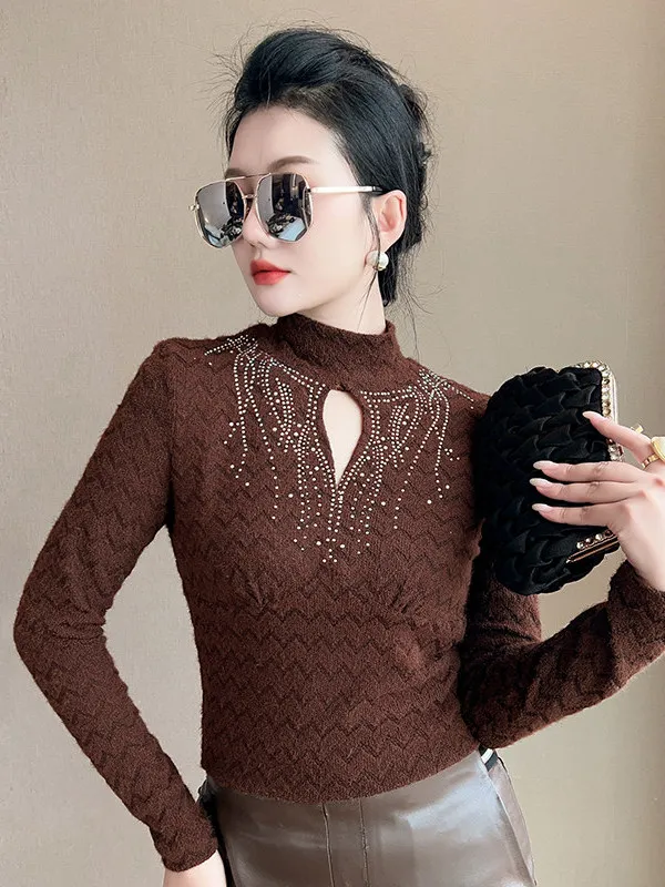 Elegant Hollow out Lace Top Heavy Embroidery Thin Long Sleeve Base Shirt for Women Autumn Winter New Arrival Casual Style