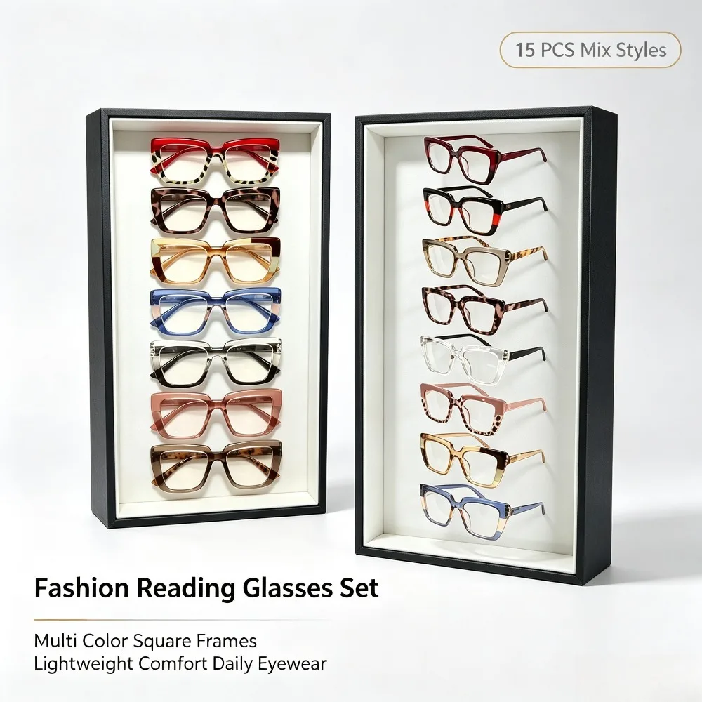 15 pairs of oversized square women's leopard print presbyopia, anti-eye fatigue, smart and comfortable + 1.0 to + 4.0, suitable for daily and office use, recommended Christmas and Halloween gifts, random colors
