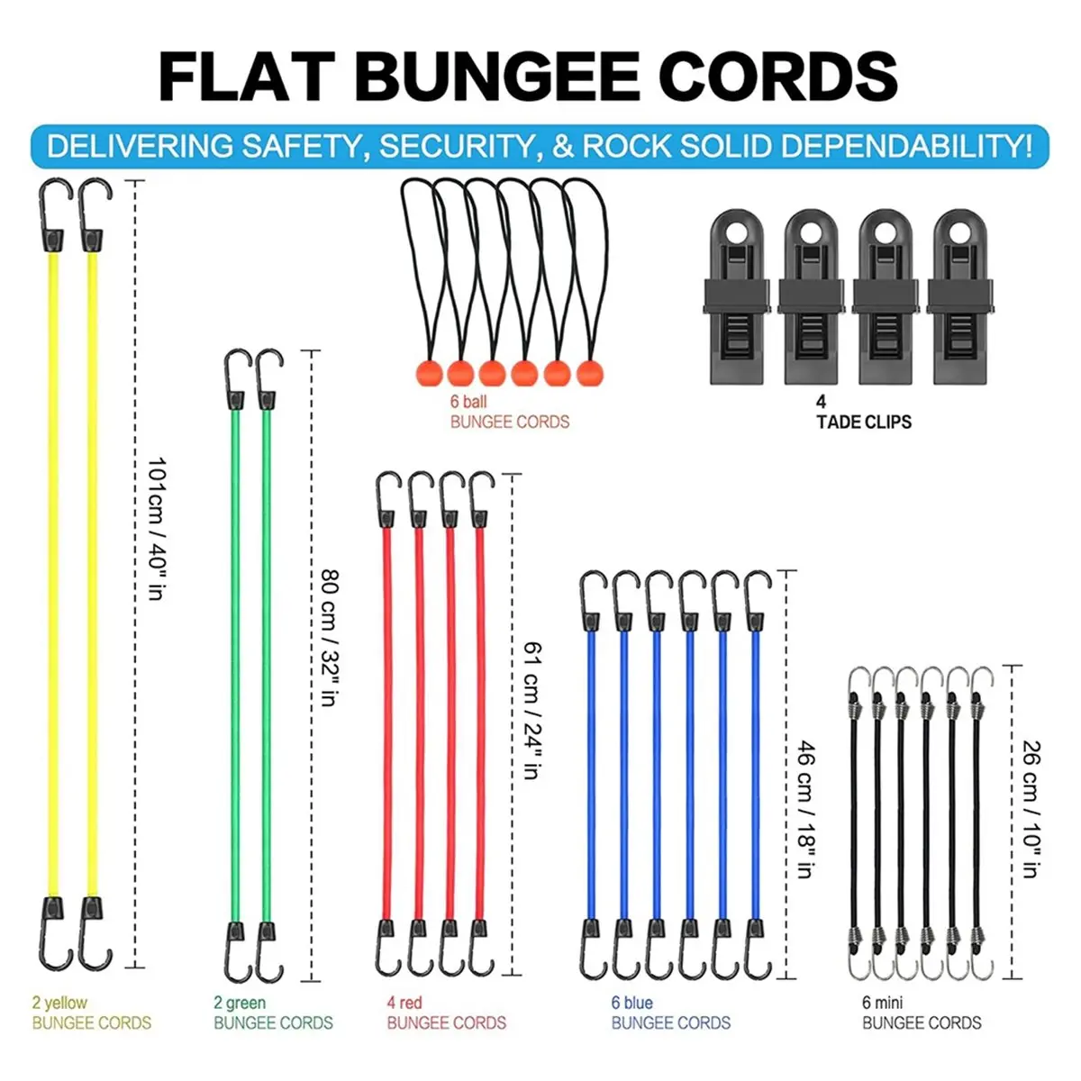 NEW 30 Piece Premium Bungee Cords Assortment Jar with Various Sizes Rope,4 Clips,6 Bungees Rope with Ball,Camping Usage