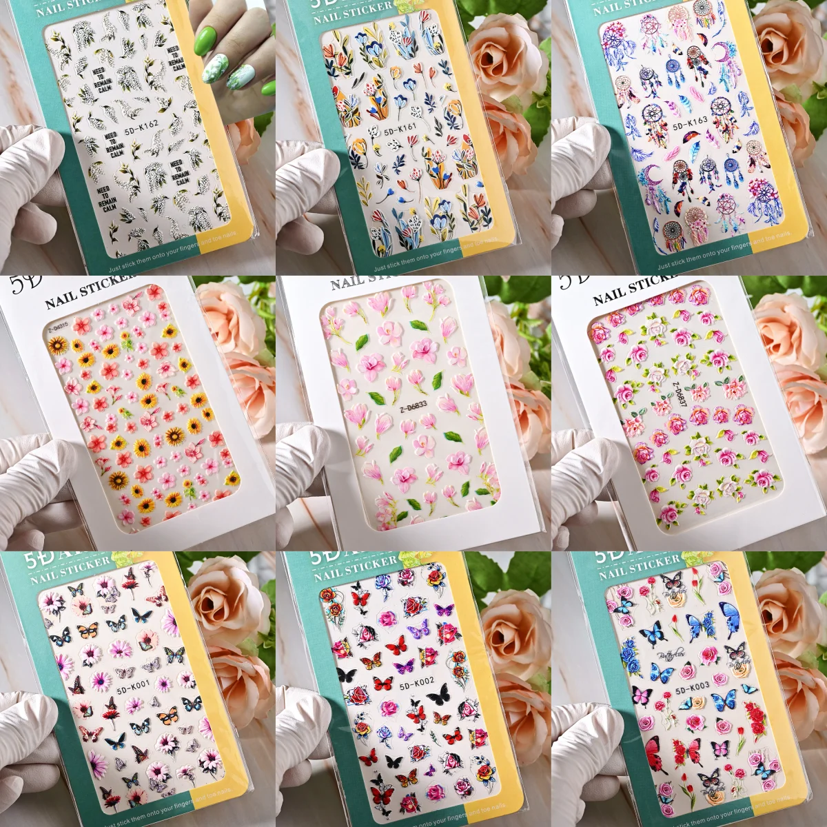 

120styles 5D Embossed Nail Sticker White Rose Flower Lily of the Valley Tulip Gel Polish Wedding Flower Engraved Slider Tip NK-F