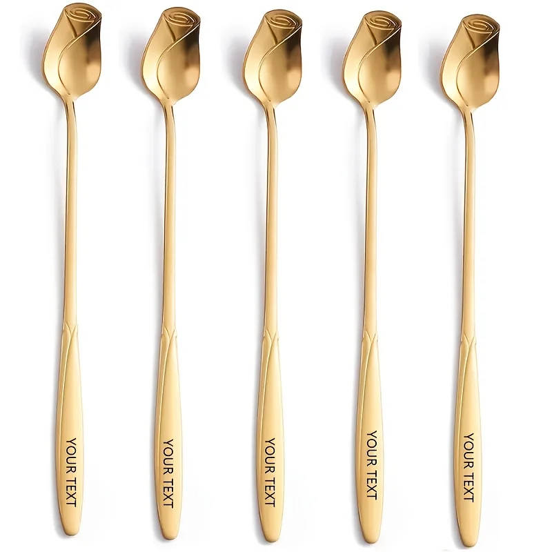 

5Pcs【Personalized Custom Text】Stainless Steel Rose Flower Spoon, Creative Rose Flower Gift Spoon, Coffee Spoon with Long Handle, Exquisite Japanese and Korean Style Mixing Spoon