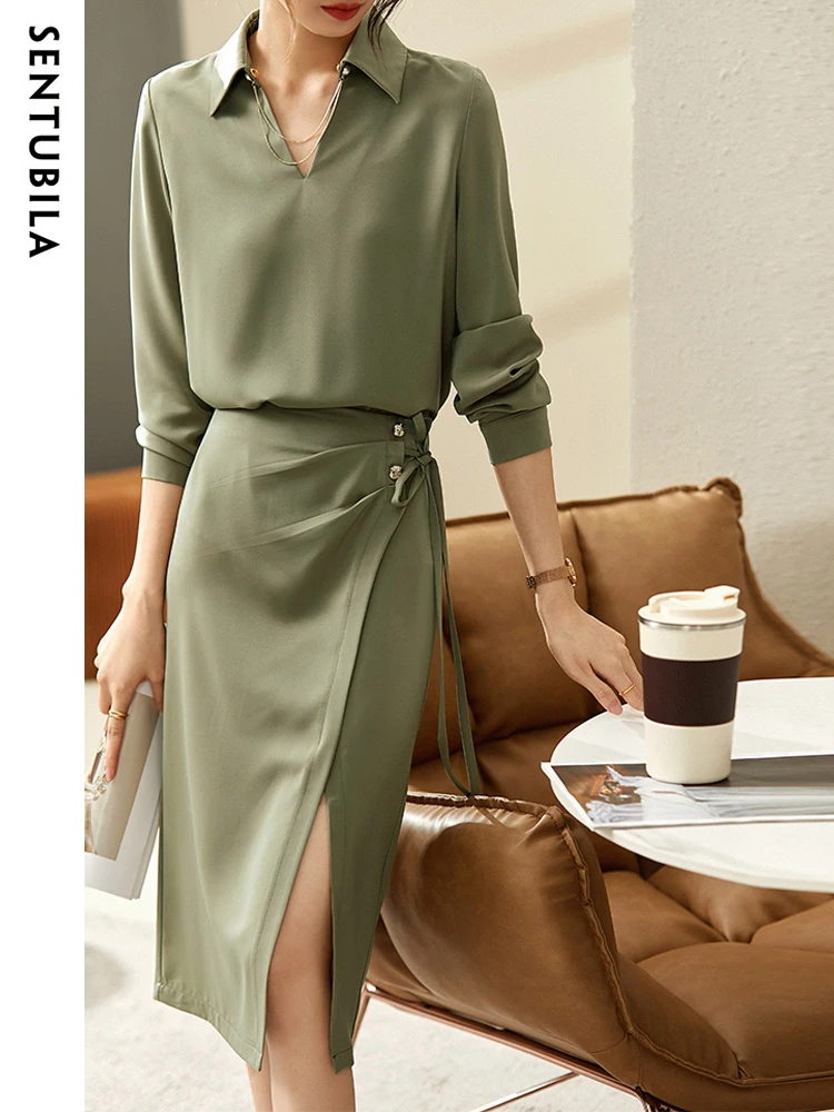 SENTUBILA Elegant Skirt 2 Piece Set Women Autumn Outfits 2024 Fashion Polo Neck Shirt Ruched Slit Satin Skirts Sets 123Z43116