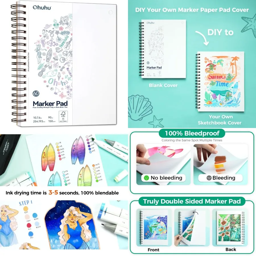 

Double-Sided Marker Pad Art Sketchbook Bleedproof - 7x10 Large Paper Size - 90 lb/150 gsm Smooth Drawing Paper - 60 Sheets/120