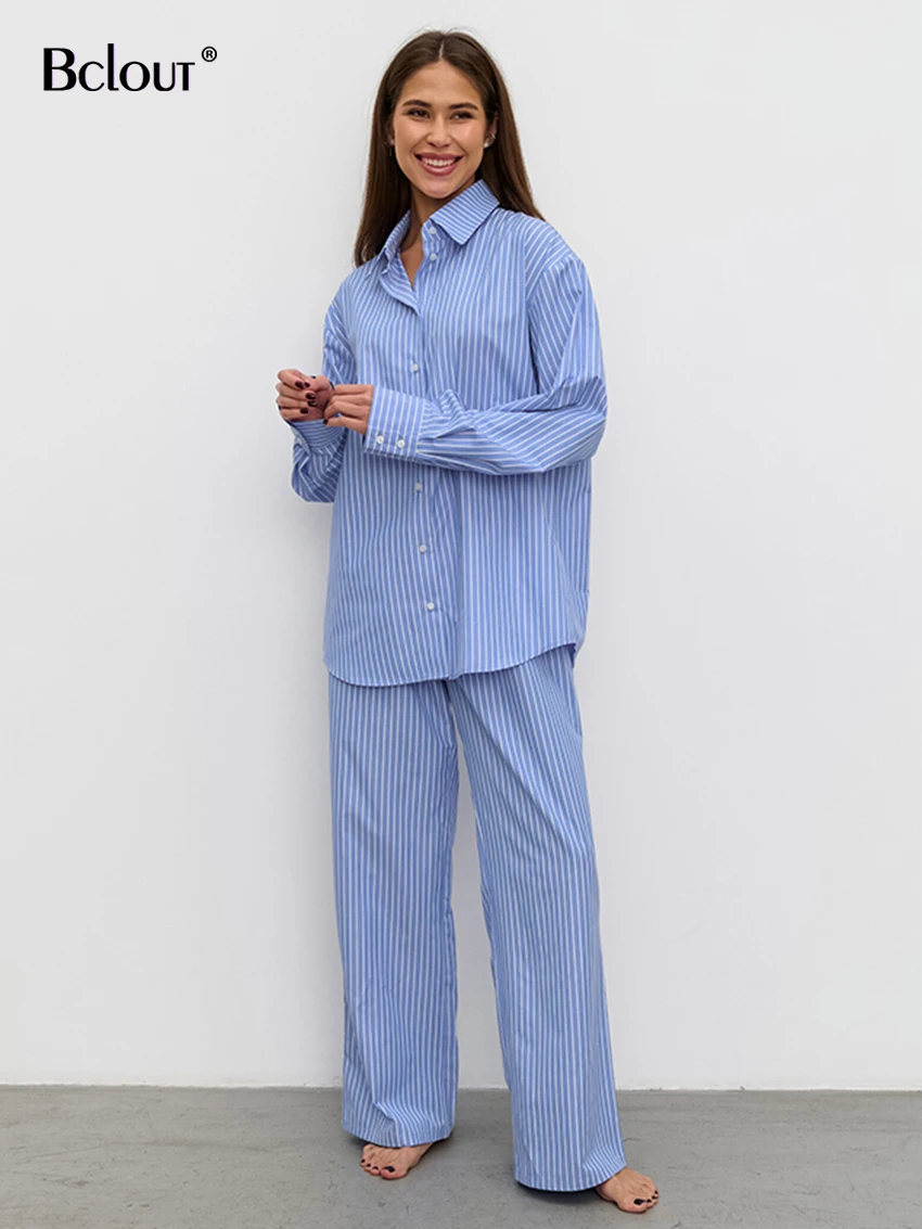 

Bclout Casual Loose Blue Striped Pants Sets Women 2 Pieces Summer Long Sleeve Blouses Fashion Lace-Up Straight Trousers Suits