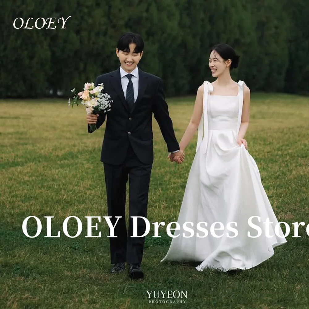 

OLOEY Simple A Line Korea Wedding Dresses Adjustable Straps Satin Bridal Gowns Corset Back Customized Plain Garden Plus Size