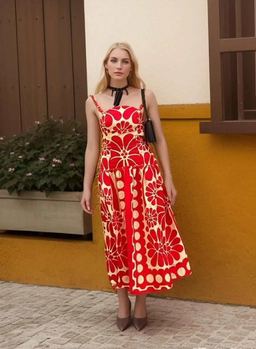 

Women Sexy Red Floral Printed Suspender Maxi Dress Elegant Summer Strap High Waist Slim A-Line Dresses Casual Beach Wear