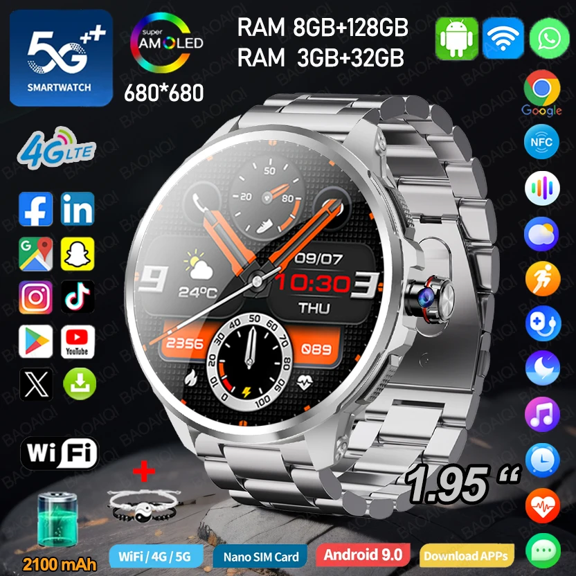 4G Полная сеть Смарт-часы 1,95 дюйма 720*720 Большой экран 900 Вт Видеозвонок 8 ГБ + 128 ГБ ОЗУ Google Play WIFI GPS Смарт-часы с SIM-картой