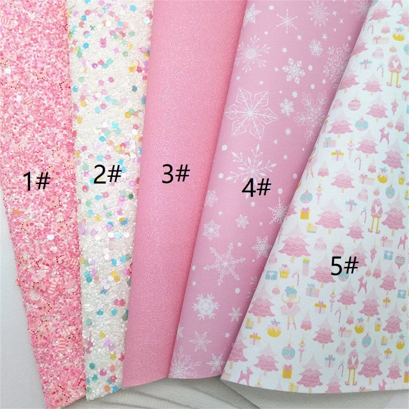 Mini Rolls 30x134cm Snowflakes Christmas Trees Printed Synthetic Leather Felt Backing Faux Leather For Bows Craft DIY W636