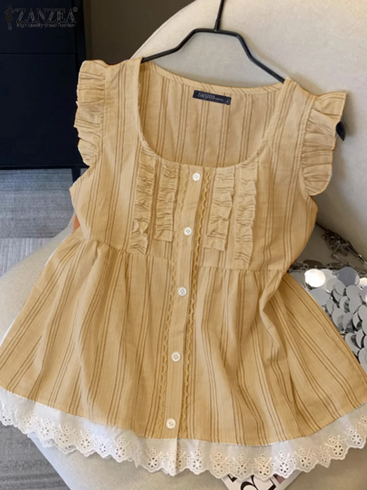 

ZANZEA/2020 летние футболки, модные женские полосатые топы на бретелях, элегантные кружевные майки без рукавов, повседневные свободные корейские рубашки с круглым вырезом на пуговицах