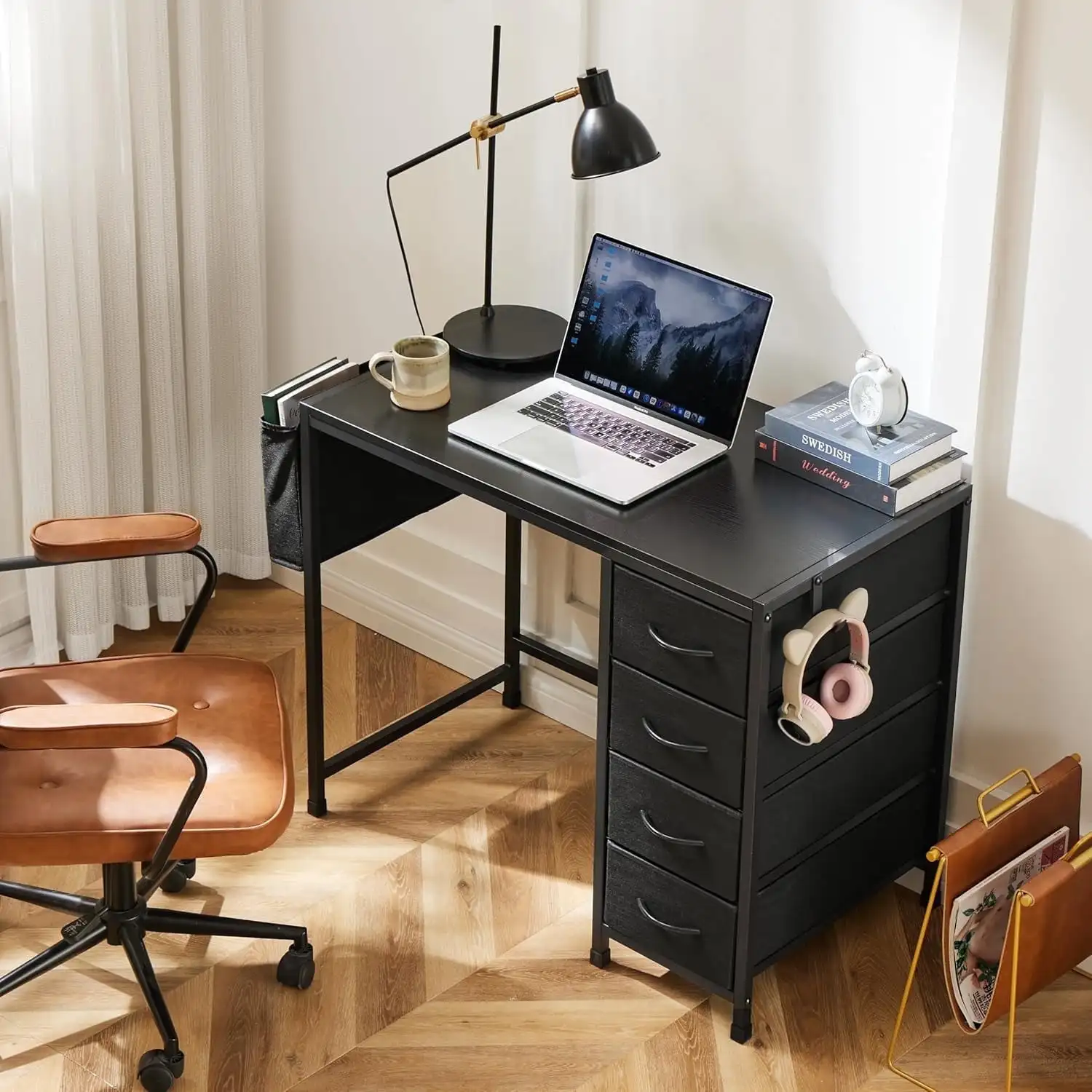 

Computer Desk with Fabric Drawers, 36" Office Small Wide Desk with Headphone Hooks & Storage Bag for Student Kids,
