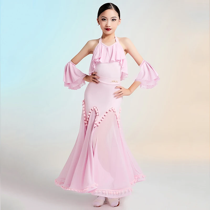 소녀를위한 핑크 표준 댄스 복장 경쟁 공연 착용 현대 볼룸 댄스 복장 홀터넥 바디 슈트 스커트 세트 AMY3158