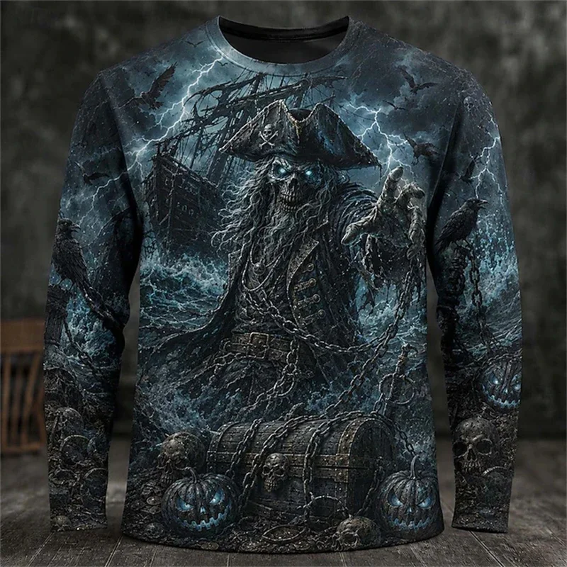 2026 Neues Herren-Halloween-Themen-Langarm-T-Shirt mit Rundhalsausschnitt und gruseligem Zauberer-Schädel-Print, Herren-Party-Oberteil für Feiertage – Detail 11