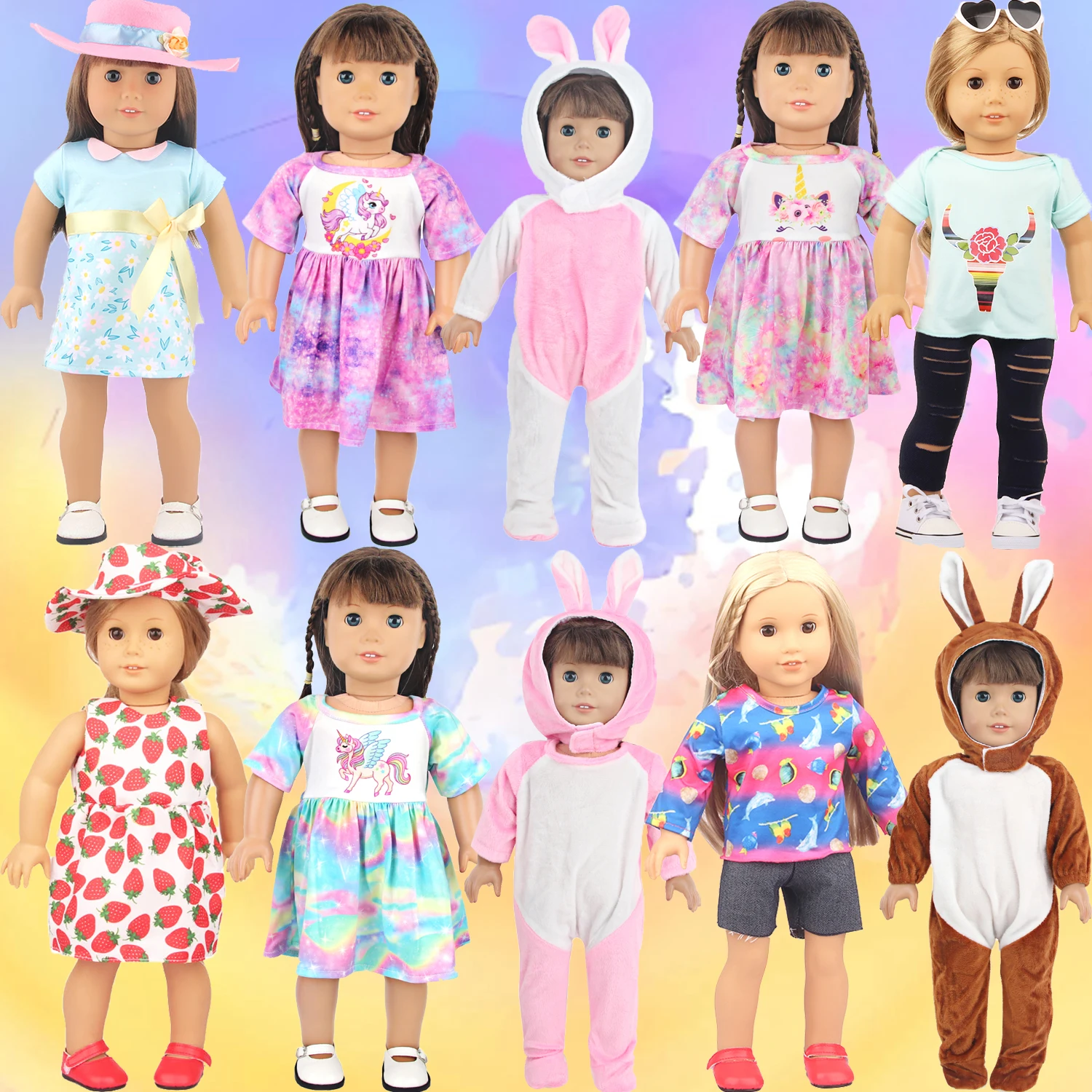 

18-inch American Doll Clothes Dress Cute Unicorn Rabbit Jumpsuit Strawberry Skirt Outfit For 43cm Baby Newborn & OG Girl Dolls