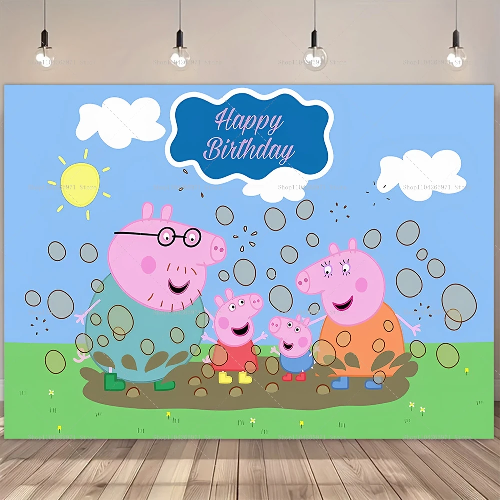 Colorido Fondo de Cumpleaños de Peppa Pig, Decoración para Fiestas Infantiles, Pancarta con Diseño de la Familia Pig, Accesorios para Baby Shower