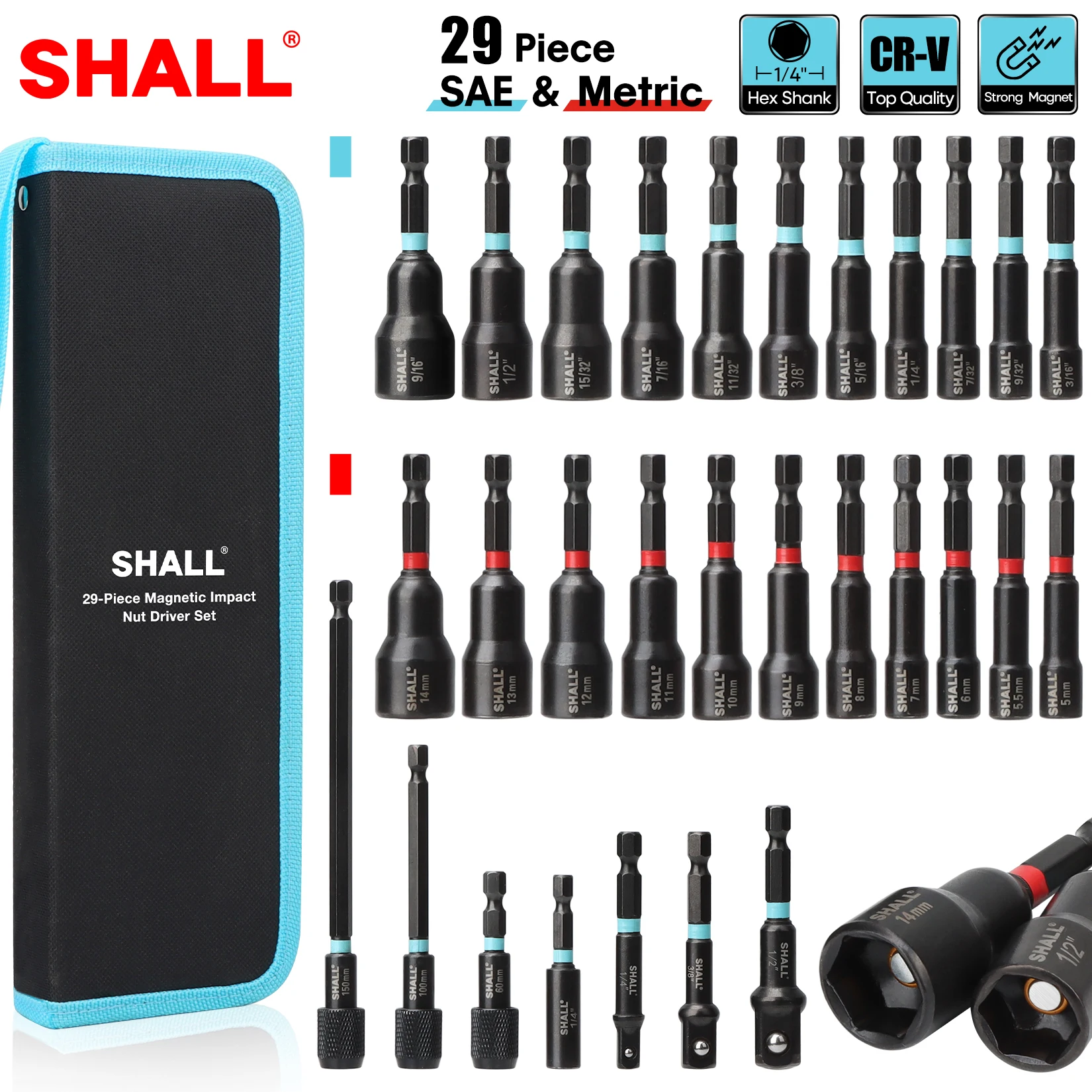 SHALL 29Pcs Magnetic Nut Driver Set Impact Drill Driver Bit 1/4\