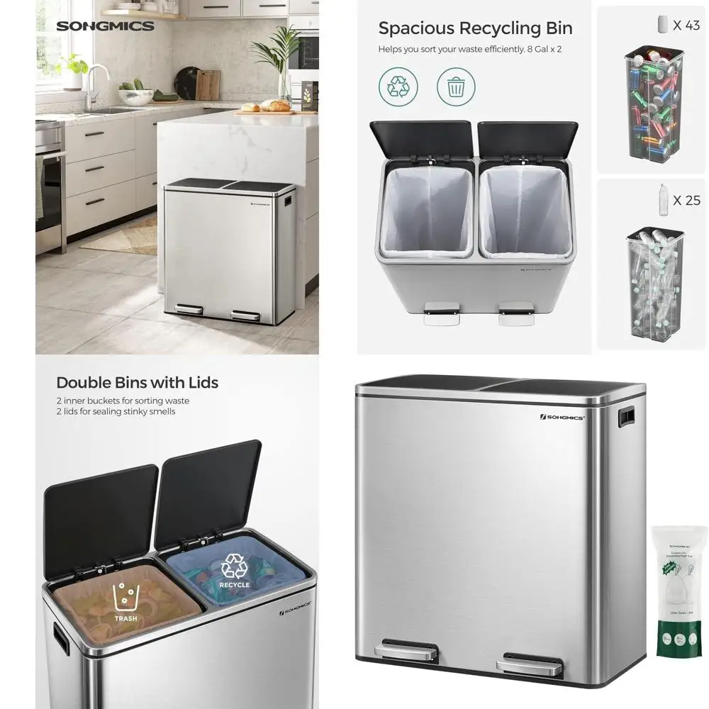 

Dual 8 Gallon Kitchen Trash Bins with 15 Bags, 2 Compartments, Plastic Liners, Hinged Lids, Airtight - Silver/Black ULTB60NL