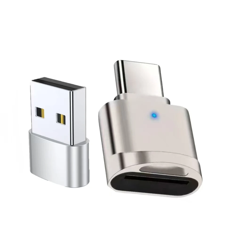 

A USB-C TF card reader with a zinc alloy casing, featuring a built-in USB-C to USB-A adapter and a USB-C to USB adapter.