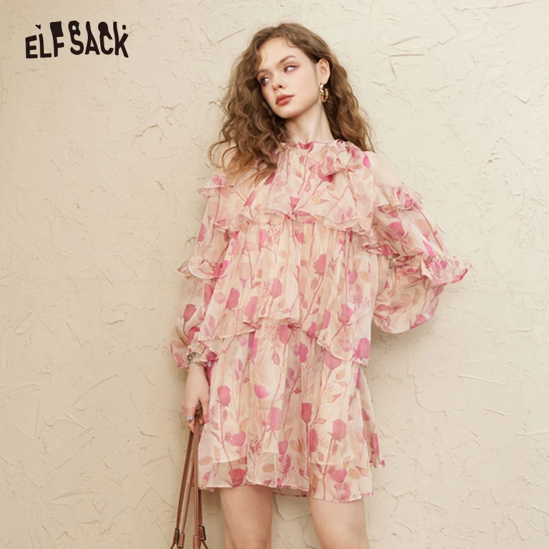 

ELFSACK Chiffon Floral Dresses Women 2023 Spring/Summer Long Sleeve Daily Dress