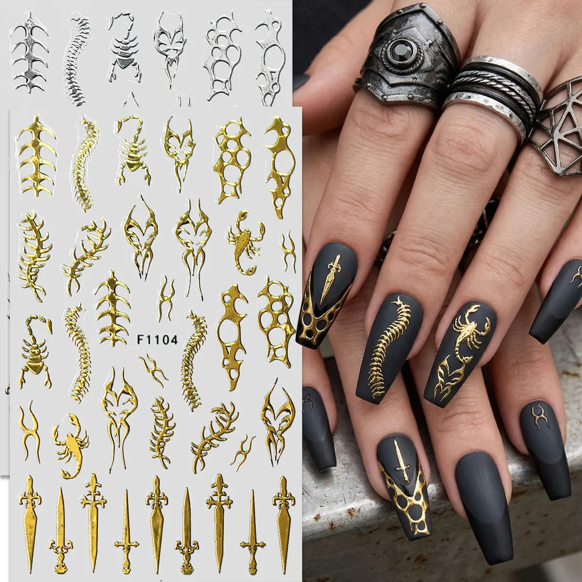 2Pcs Metallic Gold Silver Gothic Nail Stickers Set, Cyberpunk Y2K Dark Style Sword Scorpion Spine Nail Art Decals for Party Musi