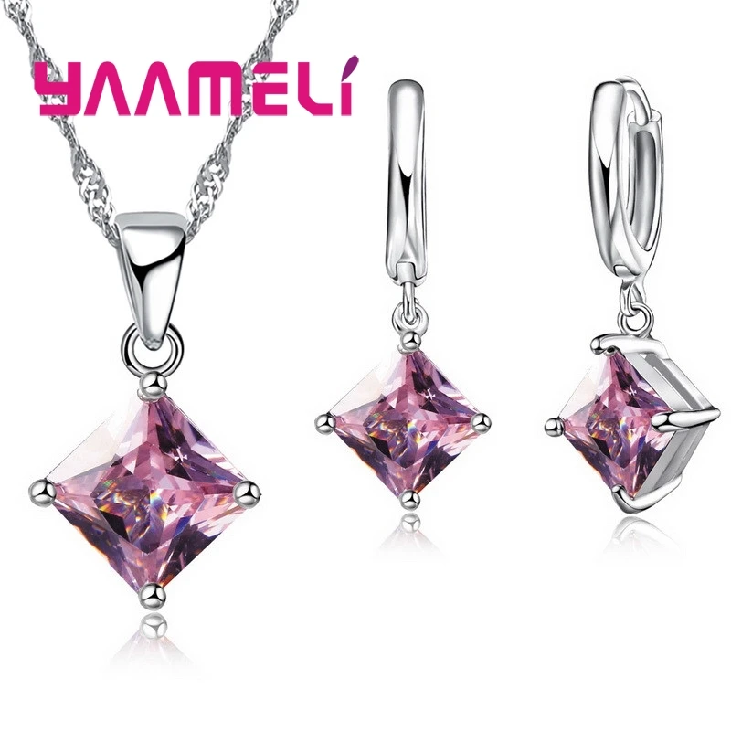 Nowe kobiety wisiorki naszyjnik prosta geometryczna kwadratowe kolczyki kryształ 925 Sterling Silver zestawy biżuterii na ślub