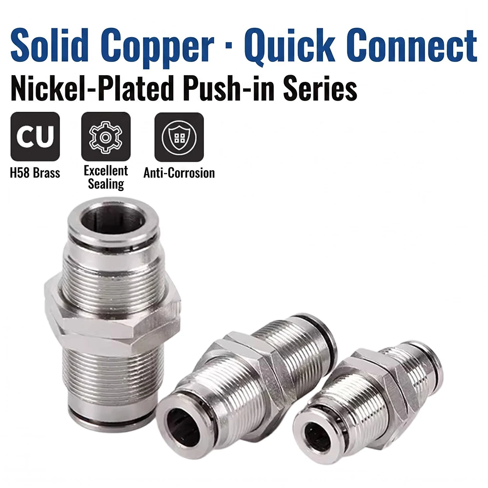 PM Pneumatic Quick Connector Partition Through Plate Straight Through All Copper Nickel Plated PU Air Hose 4 6 8 10 12 14 16mm