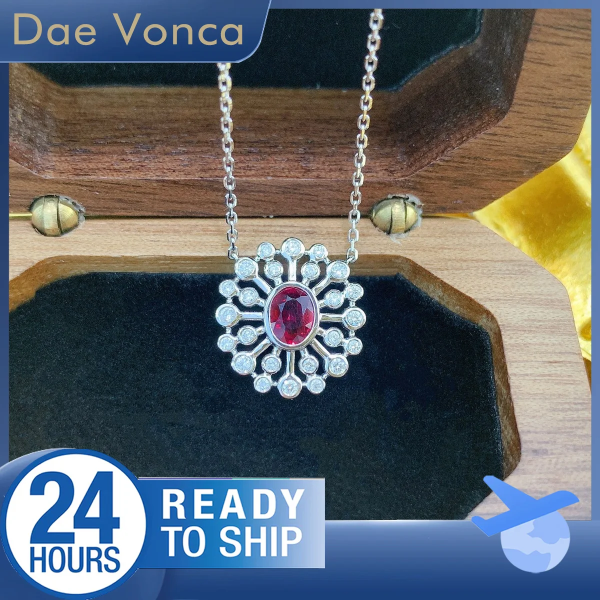 18K White Gold Center Natural Ruby Oval Halo Necklace Sparkling Diamond Accent Women Luxury Jewelry Gift for Daily Accessory