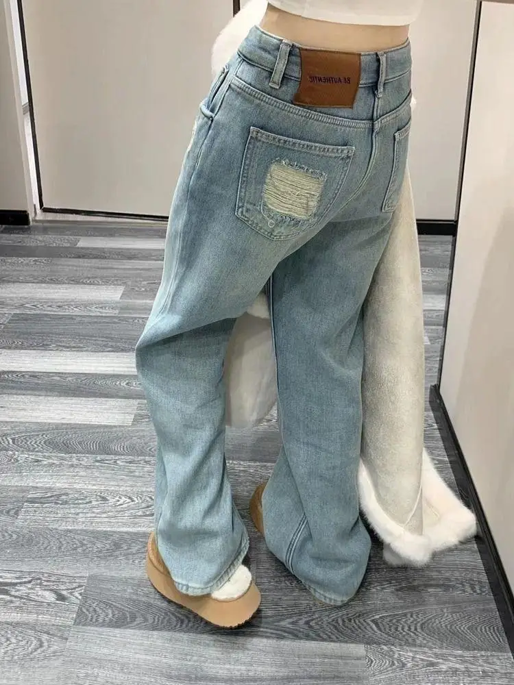 

Осень 2024, женские свободные узкие широкие джинсы с высокой талией, рваные джинсовые длинные брюки, прямой крой длиной до пола, эффект похудения