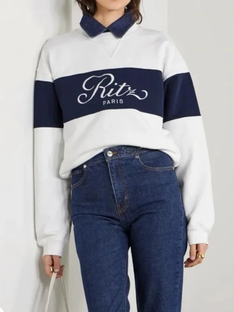 Ritz Paris 2026 – pull à col rond brodé, blanc, bleu foncé, coupe ample, sweat à capuche pour femme,
