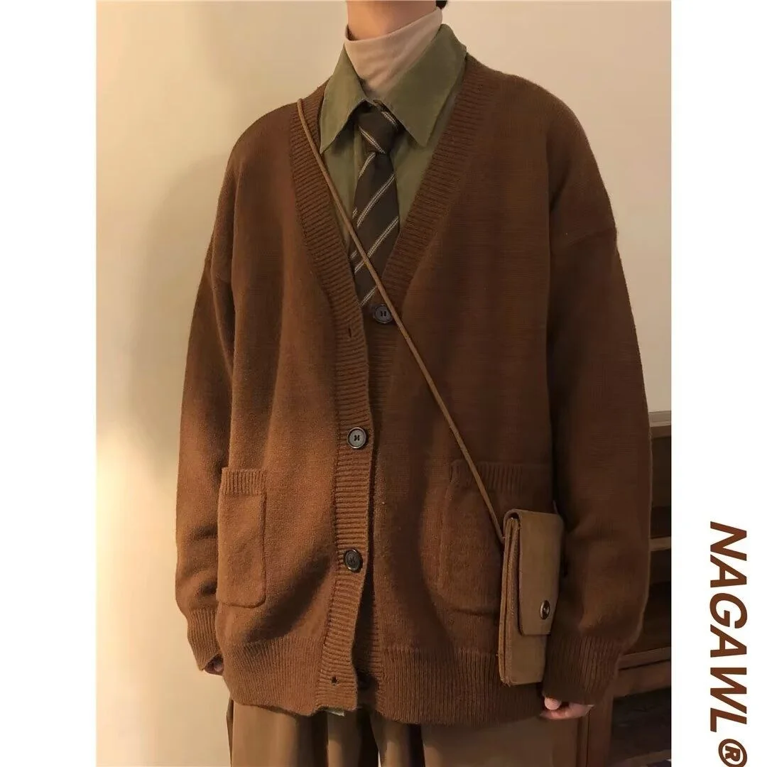 

Fall Winter V-Ne Knitted Cardigan Men's Casual Sle Pure Color Lazy Faion Long Sve Soft Polyester Outerwear Coat