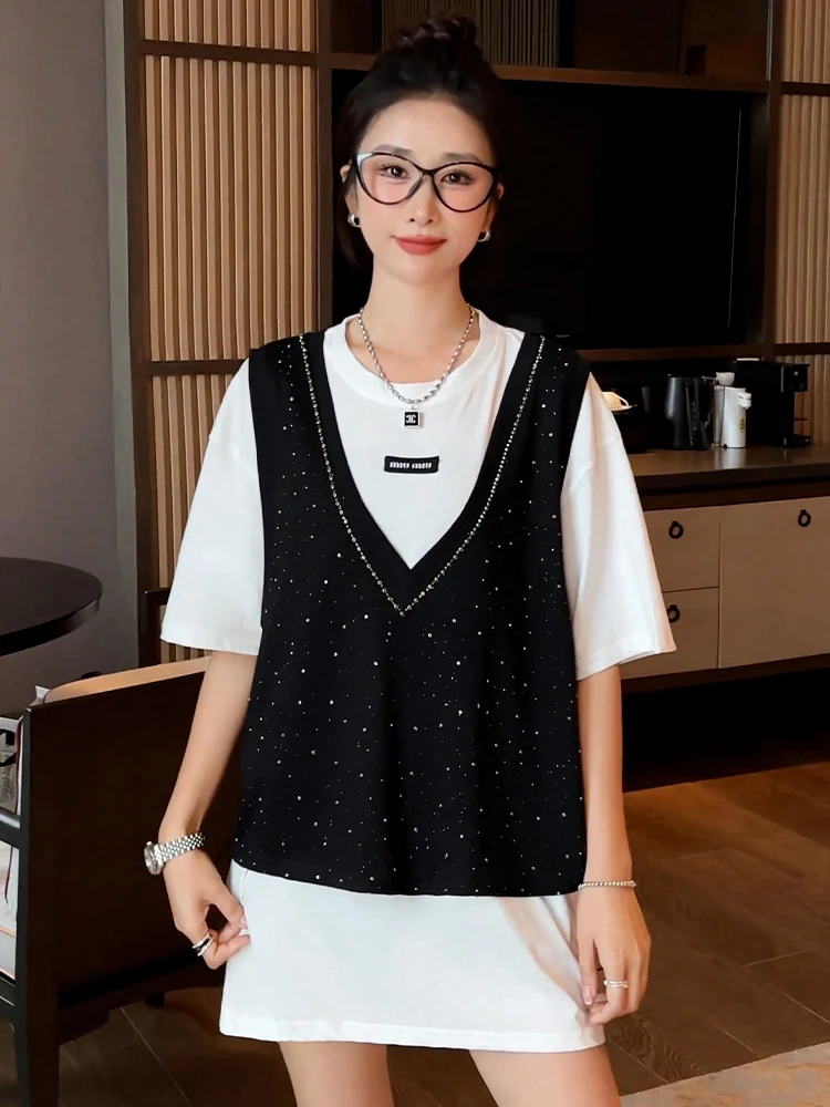 Large Size Loose Hot Rhinestone T-Shirt Vest 2-Piece Set Women Summer New High Quality Cotton Mid-Length Short Sleeve Top Dress