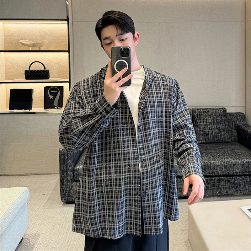 IEFB Fashion Plaid Male Hooded Shirt Hot Drilling Thin Jacket Turn-down Collar Korean Style Men\'s Top Casual Loose 9C7010