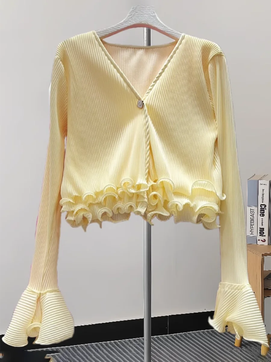 TWOTWINSTYLE Solid Spliced Ruffles Slimming Blouses For Women V Neck Long Sleeve Temperament Shirts Female Fashion Style Clothes