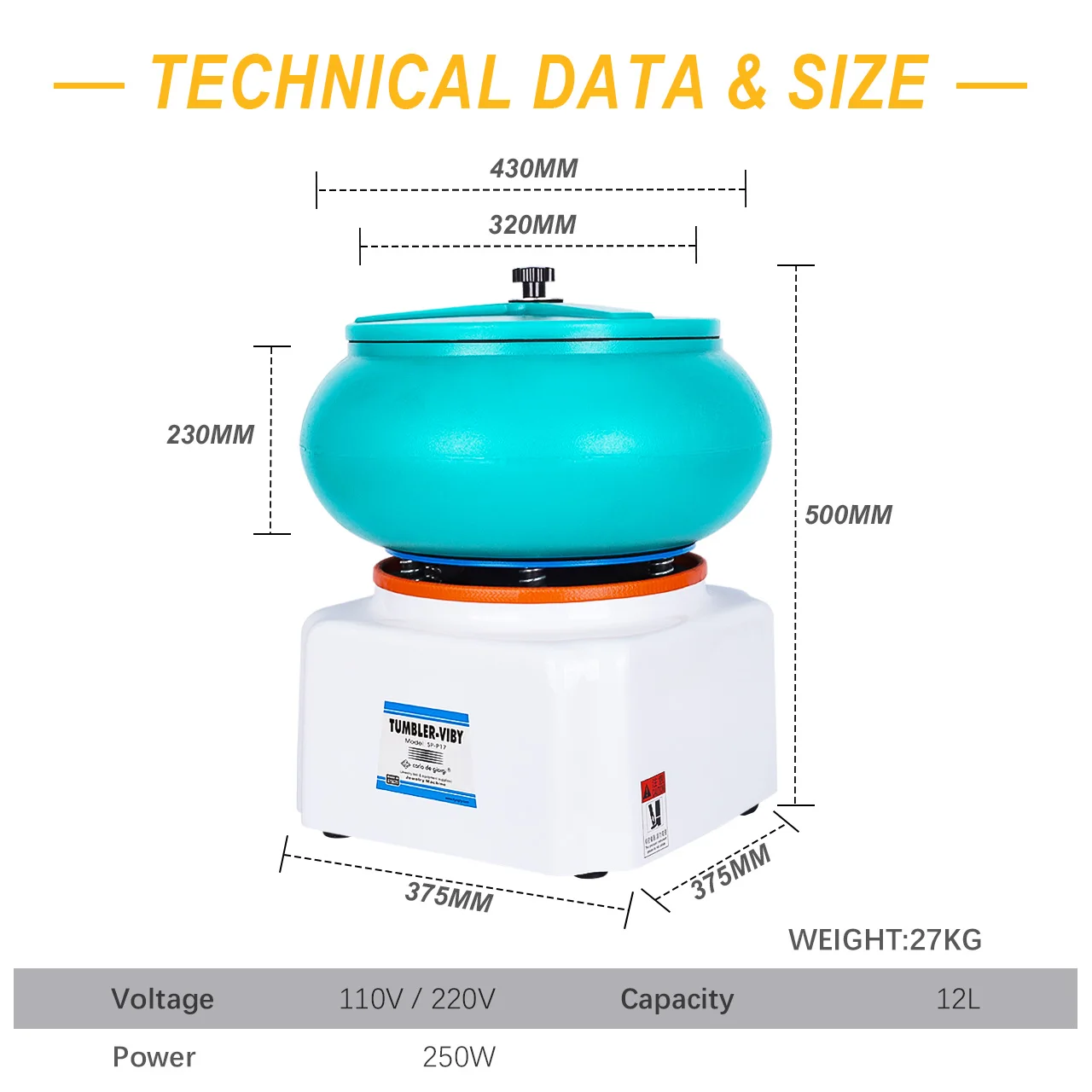 TOOLTOS Vibratory Jewelry Polishing Machine 250W 12L Tumbler for DIY Surface Cleaning Finishing